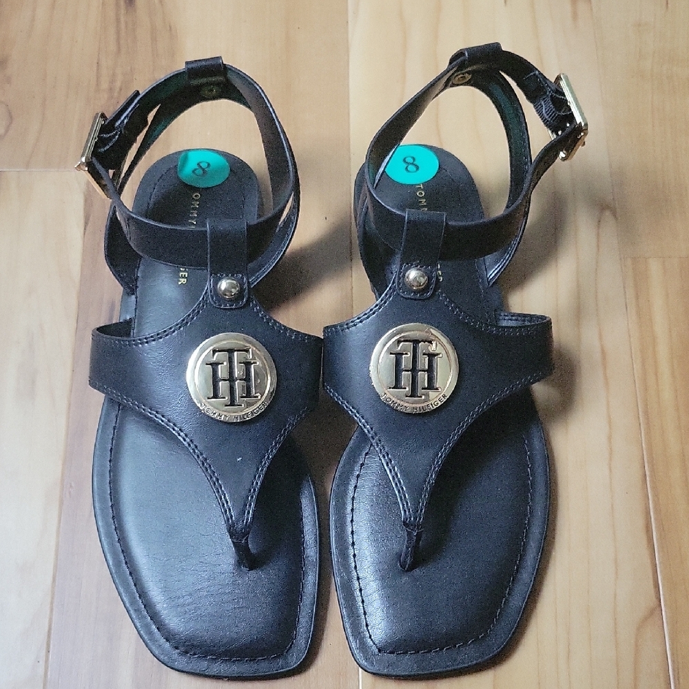 Tommy Hilfiger Black Sandals with Gold Logo